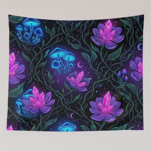Item preview,  Magic in Bloom - Neon Crystal Flowers & Glowing Mushrooms Pattern designed and sold by InnerwayStudio.