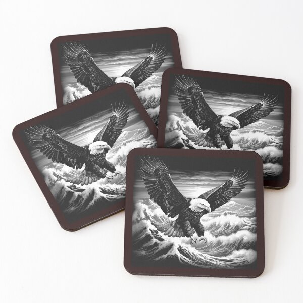 Item preview, Majestic Bald Eagle Over Ocean Waves | Black and White Wildlife Art designed and sold by inkoutninja.