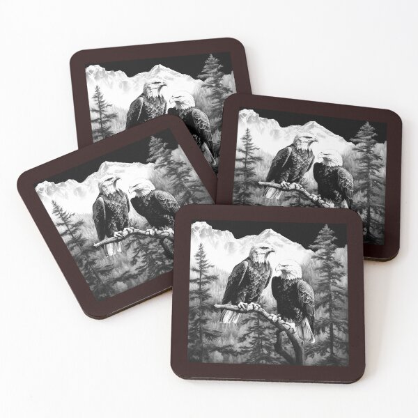 Item preview, Majestic Bald Eagles in Mountain Forest | Black and White Wildlife Nature Art designed and sold by inkoutninja.