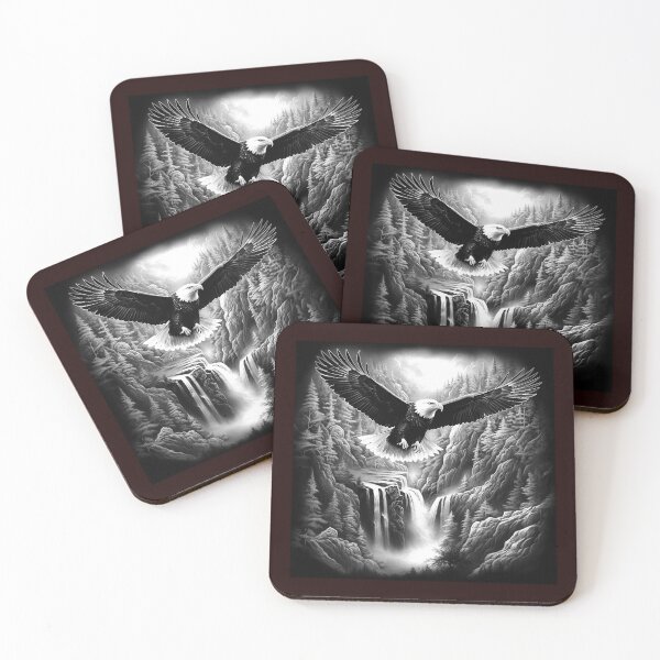 Item preview, Majestic Bald Eagle Over Waterfall Canyon | Black and White Wildlife Nature Art designed and sold by inkoutninja.