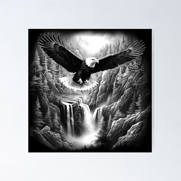 Item preview, Majestic Bald Eagle Over Waterfall Canyon | Black and White Wildlife Nature Art designed and sold by inkoutninja.