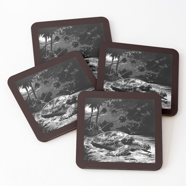 Item preview, Sea Turtle on Moonlit Beach | Black and White Coastal Wildlife Art designed and sold by inkoutninja.