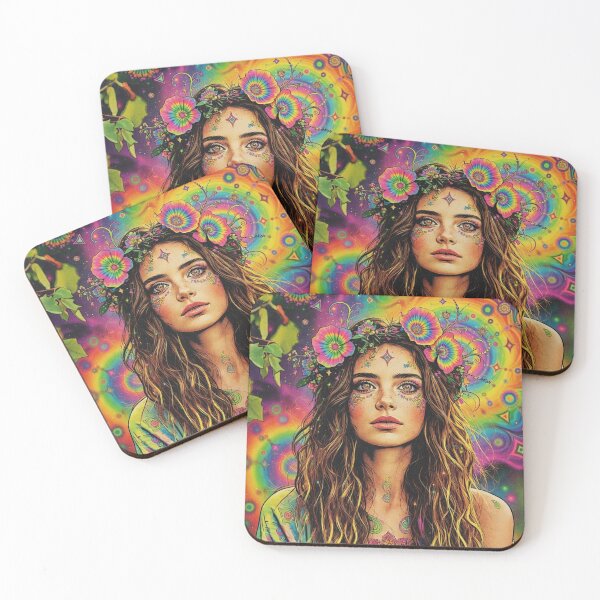 Item preview, Psychedelic Hippie Goddess - Rainbow Flower Crown & Tie-Dye Portrait designed and sold by David Brookes Digital.