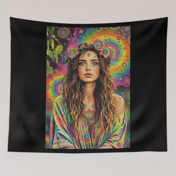 Item preview, Psychedelic Hippie Goddess - Rainbow Flower Crown & Tie-Dye Portrait designed and sold by David Brookes Digital.