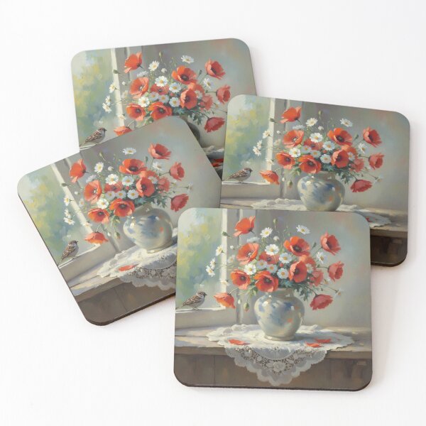 Item preview, Rustic Poppies and Daisies Vase - Sunny Window Impressionist Art designed and sold by Art-Inspir-AI.