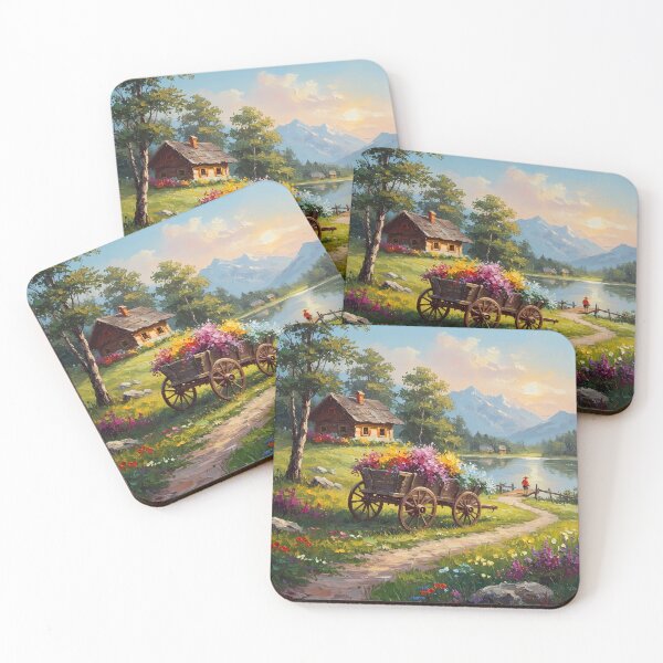 Item preview, Cottagecore Lake House Landscape with Flower Cart | Rustic Floral Countryside Art designed and sold by Art-Inspir-AI.