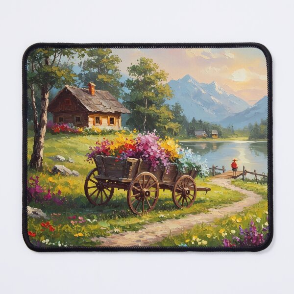 Item preview, Cottagecore Lake House Landscape with Flower Cart | Rustic Floral Countryside Art designed and sold by Art-Inspir-AI.