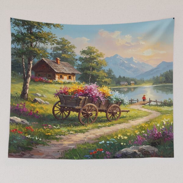 Item preview, Cottagecore Lake House Landscape with Flower Cart | Rustic Floral Countryside Art designed and sold by Art-Inspir-AI.