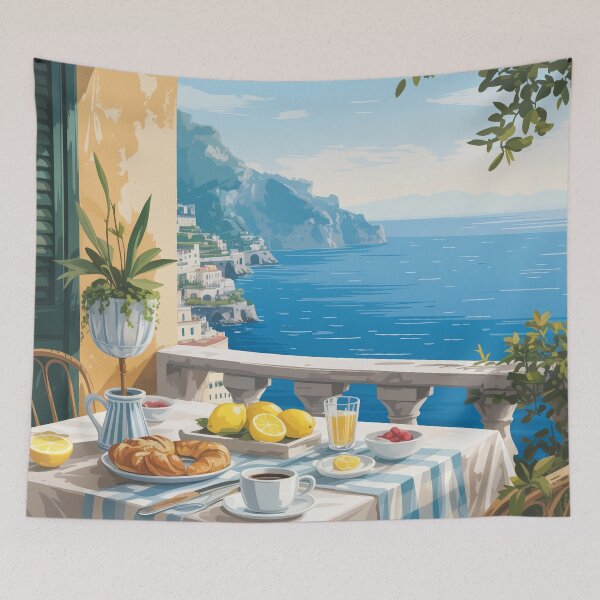 Item preview, Amalfi Coast Lemon Terrace Poster – Mediterranean Breakfast Sea View Art designed and sold by Tamas Das.
