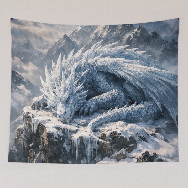 Item preview, Sleeping Ice Dragon on Snowy Mountain Peak – Epic Fantasy Winter Dragon Art designed and sold by DrakariArt.