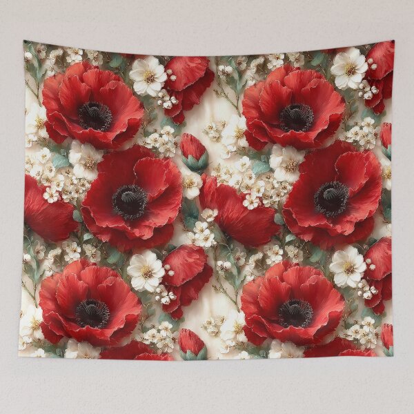 Item preview, Traditional Remembrance Poppies and White Blossom Pattern designed and sold by Nine Lives Studio.