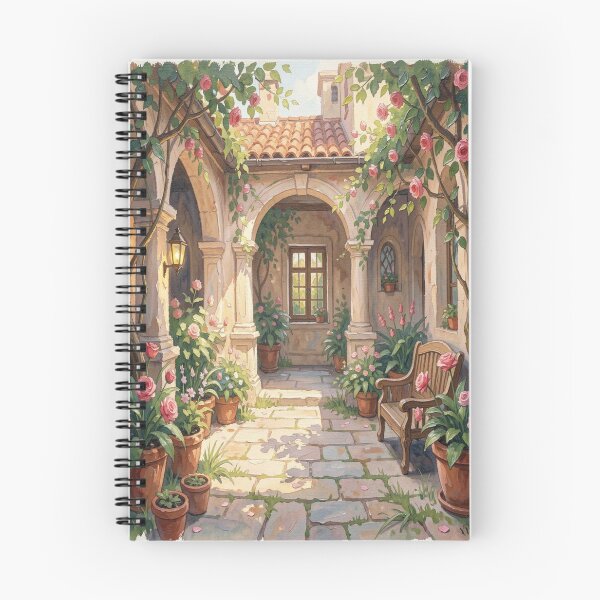 Item preview, Mediterranean Courtyard Scene in expressive gouache style with flowers and warm light designed and sold by FotoworldEdel.