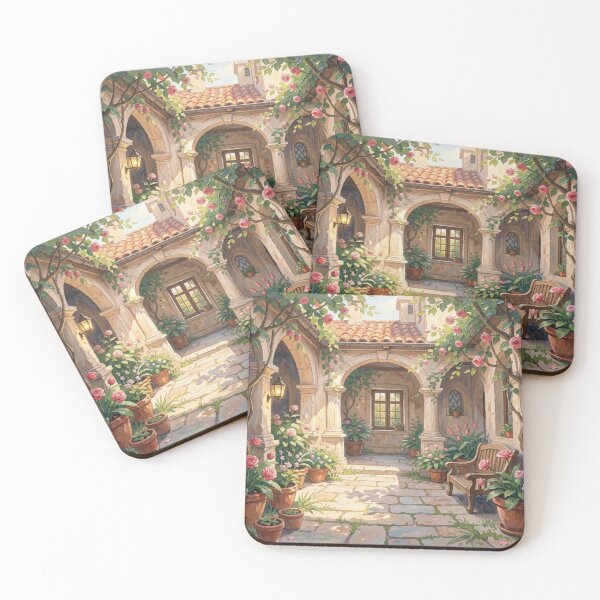 Item preview, Mediterranean Courtyard Scene in expressive gouache style with flowers and warm light designed and sold by FotoworldEdel.