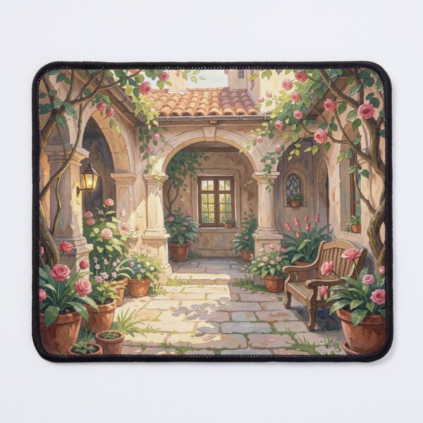 Item preview, Mediterranean Courtyard Scene in expressive gouache style with flowers and warm light designed and sold by FotoworldEdel.