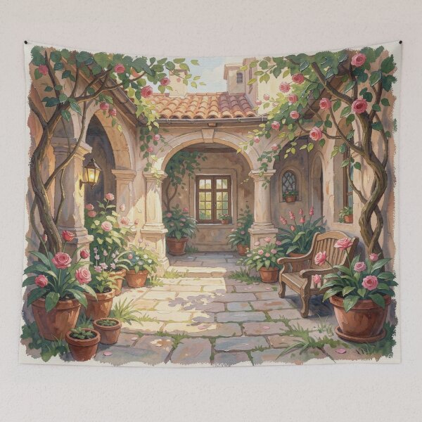 Item preview, Mediterranean Courtyard Scene in expressive gouache style with flowers and warm light designed and sold by FotoworldEdel.