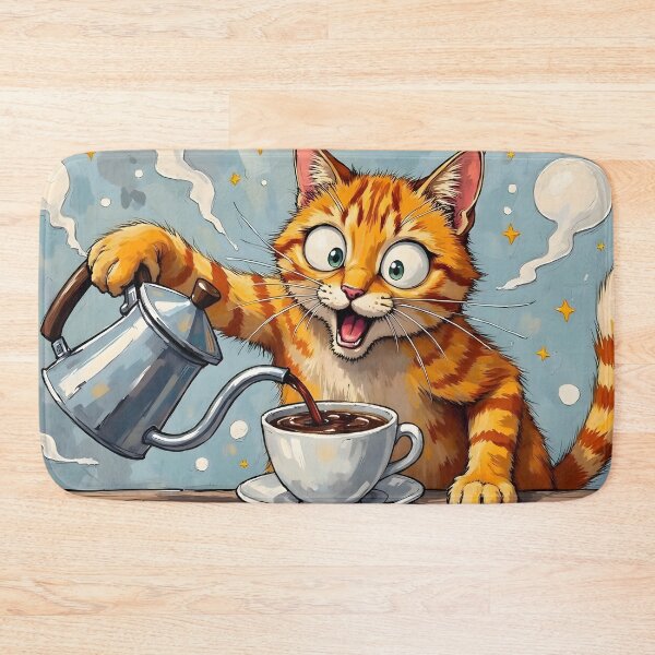 Item preview, Energetic Orange Cat Pouring Fresh Morning Coffee designed and sold by Found Dream.