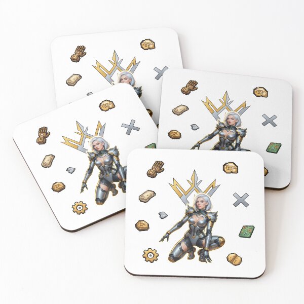 Item preview, A female warrior in silver and gold armor kneels on a transparent background surrounded by various items designed and sold by Creative88Art.