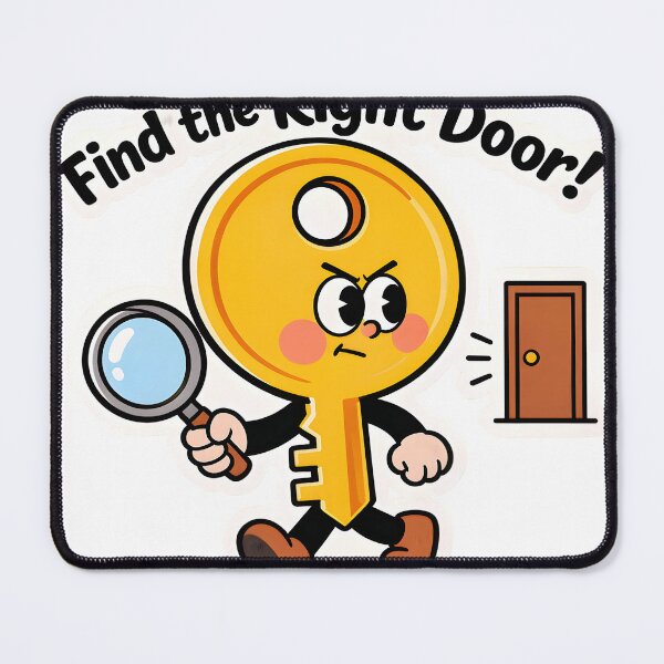Item preview, A cartoon key character holding a magnifying glass and searching for the right door on transparent background designed and sold by Creative88Art.