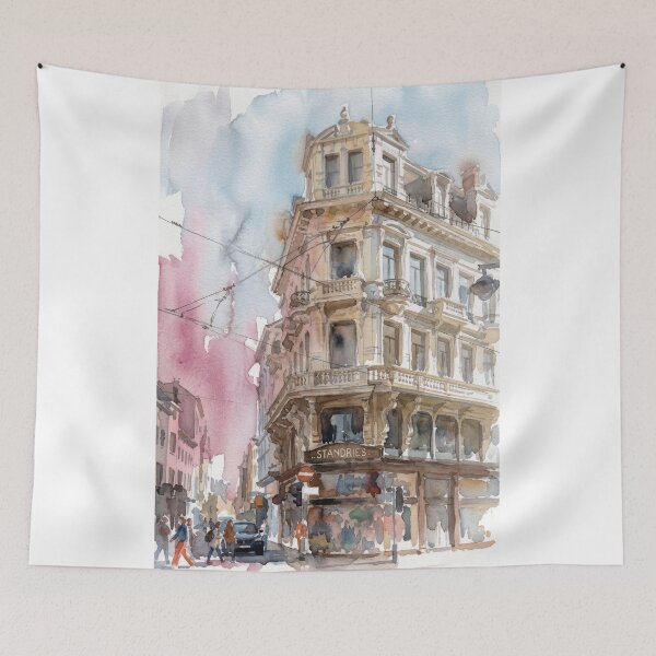 Item preview, Historic Street Corner Antwerp Watercolor Cityscape designed and sold by caracatita75.