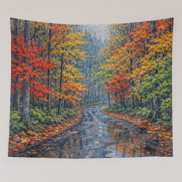 Item preview, Rainy Autumn Forest Road with Colorful Leaves designed and sold by Ykvaere.