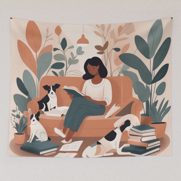 Item preview, Cozy Book Woman girl Mom Dog Aesthetic Relaxing Lifestyle Design Books plants selfcare  triptic designed and sold by VISO-art.