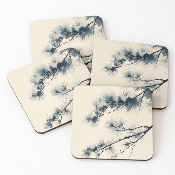 Item preview, Snow Pine Art Print | Japanese Ink Wash Wall Art | Winter Japandi Decor | Indigo and Cream designed and sold by yugenprint.