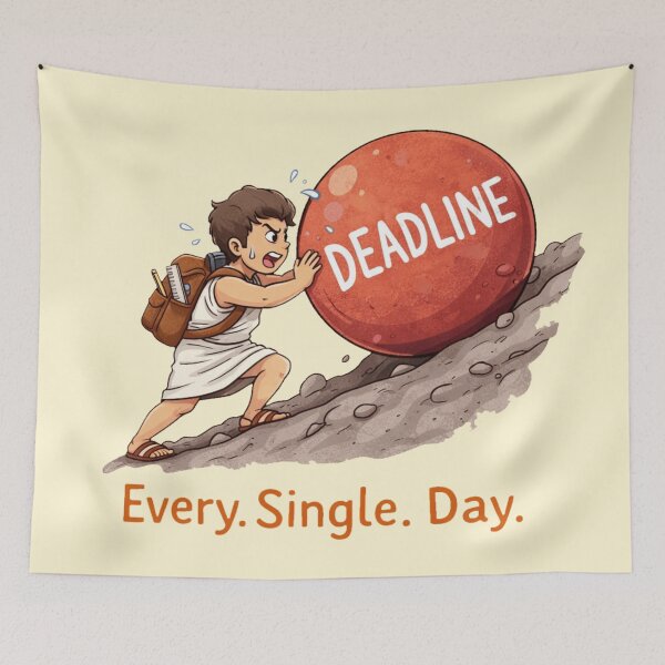 Item preview, Funny Sisyphus Student Meme Pushing Deadline Every Single Day designed and sold by MythoWorldddd.
