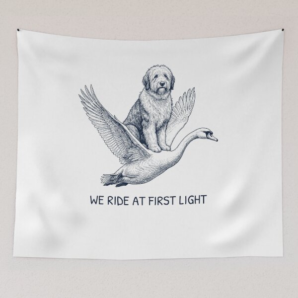 Item preview, We Ride at First Light Funny Old English Sheepdog Mute Swan Dog Lover designed and sold by DoodleTortle.