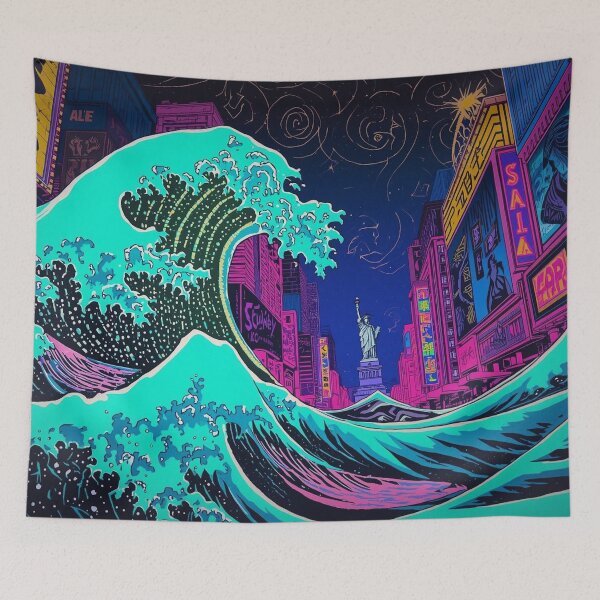 Item preview, Cyberpunk Great Wave NYC | Neon Synthwave Mashup Art designed and sold by Vandy Fullam.