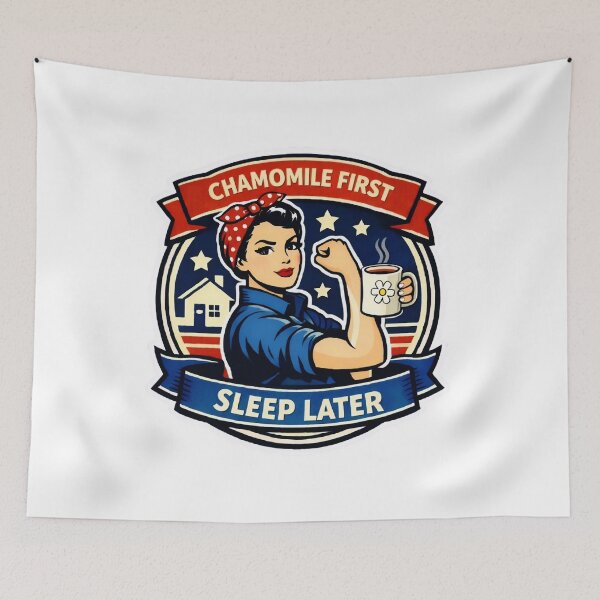 Item preview, Chamomile First, Sleep Later retro Rosie the Riveter Inspired Design designed and sold by MuggyandMo.