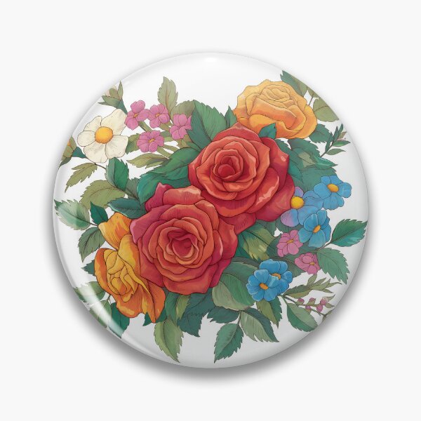 Item preview, Red Orange Rose Bouquet with Daisies and Blue Flowers - Vibrant Colorful Floral Art Print designed and sold by DesignArtist.ia.