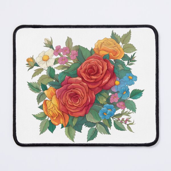 Item preview, Red Orange Rose Bouquet with Daisies and Blue Flowers - Vibrant Colorful Floral Art Print designed and sold by DesignArtist.ia.