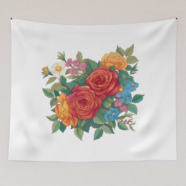 Item preview, Red Orange Rose Bouquet with Daisies and Blue Flowers - Vibrant Colorful Floral Art Print designed and sold by DesignArtist.ia.