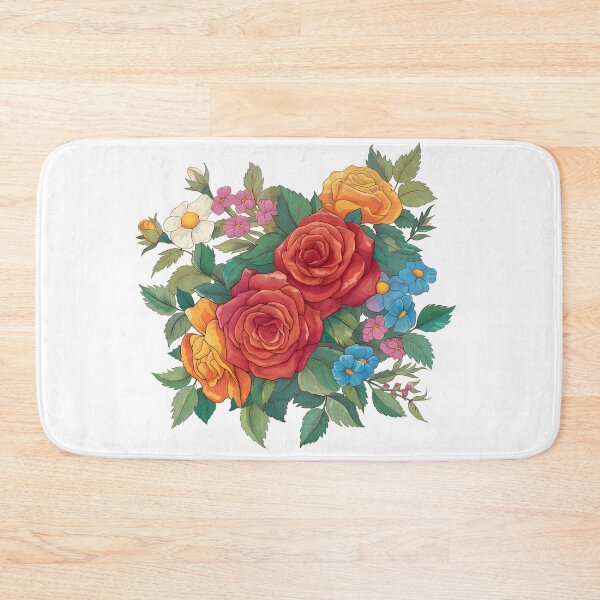 Item preview, Red Orange Rose Bouquet with Daisies and Blue Flowers - Vibrant Colorful Floral Art Print designed and sold by DesignArtist.ia.