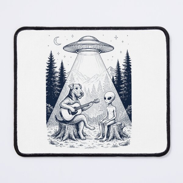 Item preview, Vintage Airedale Terrier Playing Guitar With Alien And UFO Dog Lover designed and sold by DoodleTortle.