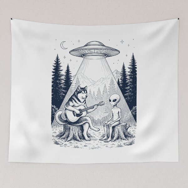 Item preview, Vintage Alaskan Malamute Playing Guitar With Alien And UFO Dog Lover designed and sold by DoodleTortle.