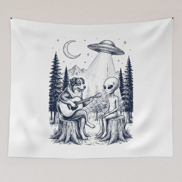 Item preview, Vintage Australian Shepherd Playing Guitar With Alien And UFO Dog Lover designed and sold by DoodleTortle.