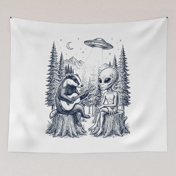 Item preview, Vintage Badger Playing Guitar With Alien And UFO Animal Lover designed and sold by DoodleTortle.