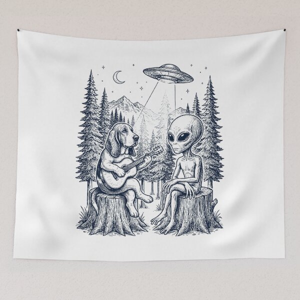 Item preview, Vintage Basset Hound Playing Guitar With Alien And UFO Dog Lover designed and sold by DoodleTortle.