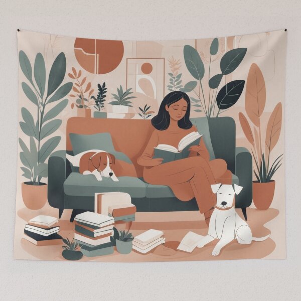 Item preview, Copy of Cozy Book Woman girl Mom Dog Aesthetic Relaxing Lifestyle Design Books plants selfcare  triptic designed and sold by VISO-art.