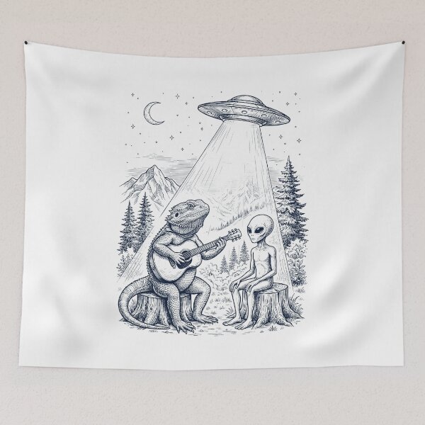 Item preview, Vintage Bearded Dragon Playing Guitar With Alien And UFO Animal Lover designed and sold by DoodleTortle.