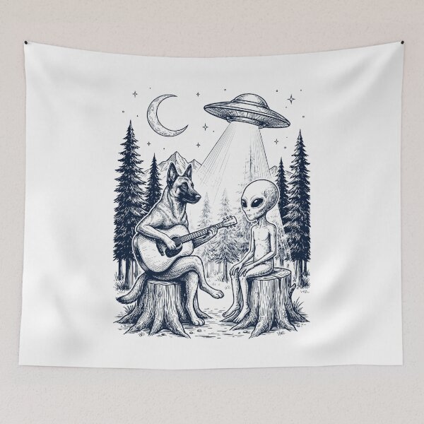 Item preview, Vintage Belgian Malinois Playing Guitar With Alien And UFO Dog Lover designed and sold by DoodleTortle.