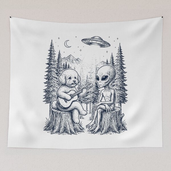 Item preview, Vintage Bichon Frise Playing Guitar With Alien And UFO Dog Lover designed and sold by DoodleTortle.