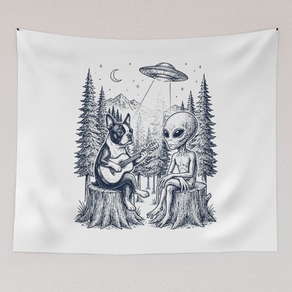 Item preview, Vintage Boston Terrier Playing Guitar With Alien And UFO Dog Lover designed and sold by DoodleTortle.