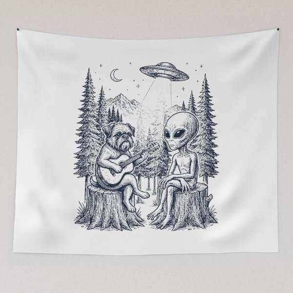 Item preview, Vintage Brussels Griffon Playing Guitar With Alien And UFO Dog Lover designed and sold by DoodleTortle.