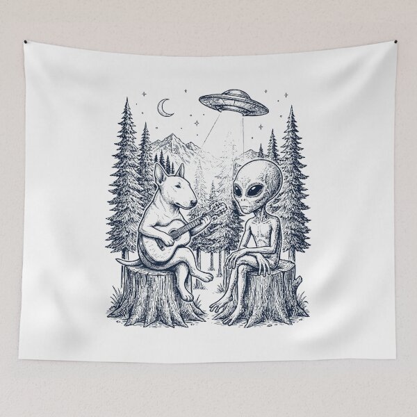 Item preview, Vintage Bull Terrier Playing Guitar With Alien And UFO Dog Lover designed and sold by DoodleTortle.
