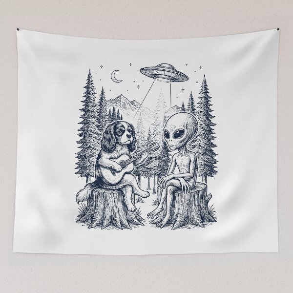 Item preview, Vintage Cavalier King Charles Spaniel Playing Guitar With Alien And UFO Dog Lover designed and sold by DoodleTortle.