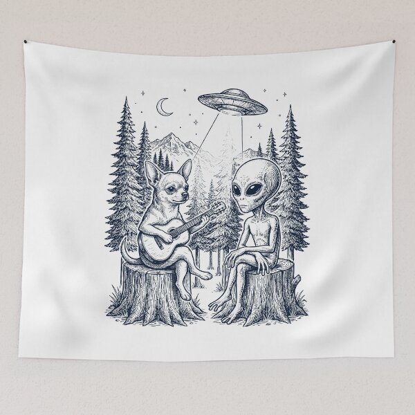Item preview, Vintage Chihuahua Playing Guitar With Alien And UFO Dog Lover designed and sold by DoodleTortle.