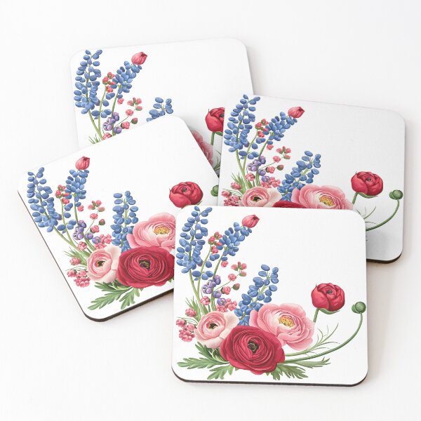 Item preview, Red Pink Ranunculus with Blue Delphinium Bouquet - Elegant Romantic Floral Art Print designed and sold by DesignArtist.ia.