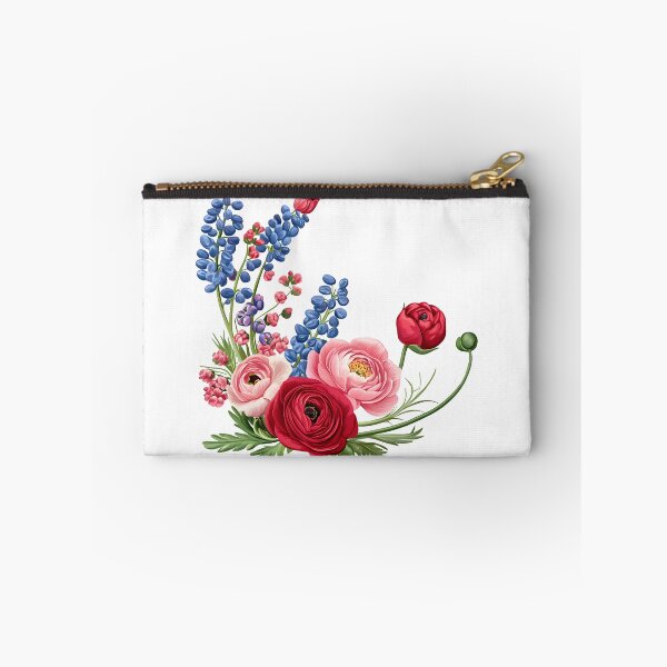 Item preview, Red Pink Ranunculus with Blue Delphinium Bouquet - Elegant Romantic Floral Art Print designed and sold by DesignArtist.ia.
